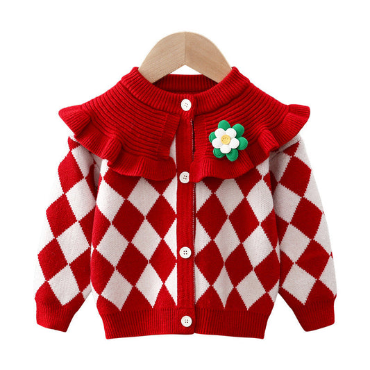 Baby Kid Girls Flower Checked Cardigan