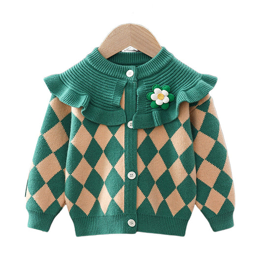 Baby Kid Girls Flower Checked Cardigan