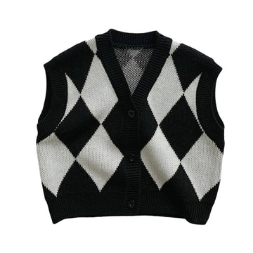 Baby Kid Unisex Checked Vests Waistcoats Knitwear