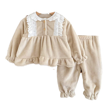 2 Pieces Set Baby Kid Girls Bow Lace Tops And Solid Color Pants