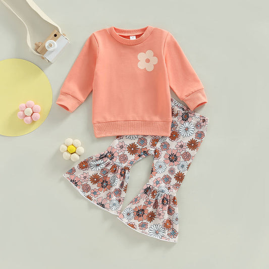 2 Pieces Set Baby Kid Girls Letters Flower  Tops And  Print Pants