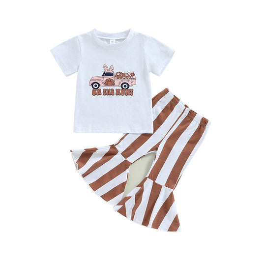 2 Pieces Set Baby Kid Girls Easter Letters Car Print T-Shirts And Striped Pants