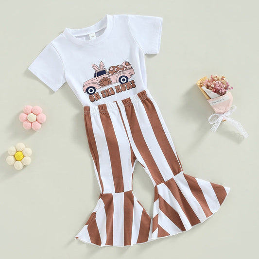 2 Pieces Set Baby Kid Girls Easter Letters Car Print T-Shirts And Striped Pants