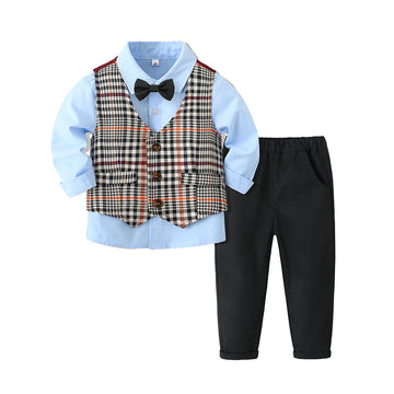 3 Pieces Set Baby Kid Boys Birthday Party Solid Color Bow Shirts And Checked Vests Waistcoats And Pants