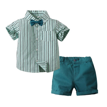 2 Pieces Set Baby Kid Boys Birthday Party Striped Bow Shirts And Solid Color Shorts