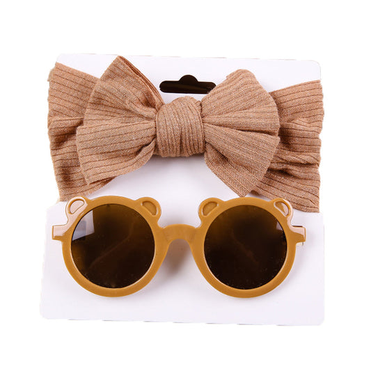 Fashion 2 Pieces Set Girls Solid Color Cartoon Glasses And Bow Headwear