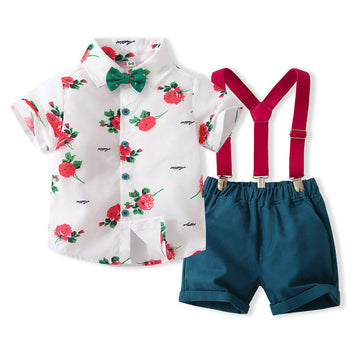 2 Pieces Set Baby Kid Boys Birthday Party Flower Bow Print Shirts And Solid Color Rompers