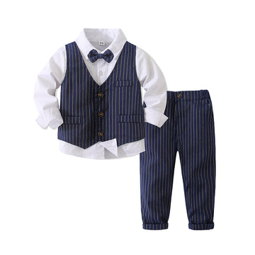 3 Pieces Set Baby Kid Boys Birthday Party Solid Color Bow Shirts And Striped Vests Waistcoats And Pants