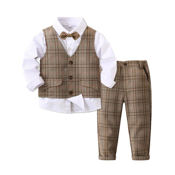 3 Pieces Set Baby Kid Boys Dressy Checked Vests Waistcoats And Solid Color Bow Shirts And Pants Suits