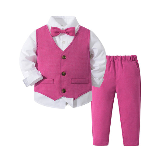 3 Pieces Set Baby Kid Boys Birthday Color-blocking Shirts Solid Color Pants And Bow Others accessories