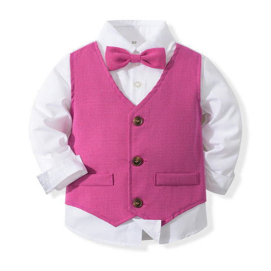 3 Pieces Set Baby Kid Boys Birthday Color-blocking Shirts Solid Color Pants And Bow Others accessories