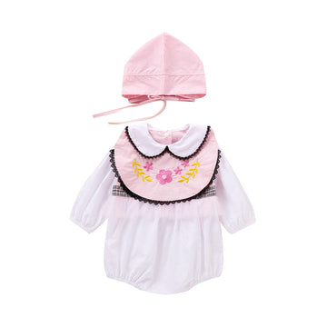 3 Pieces Set Baby Girls Embroidered Rompers Solid Color Hats And Flower Others accessories