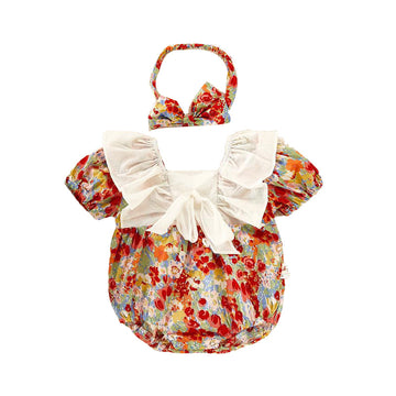 Baby Girls Flower Print Rompers And Headwear