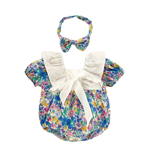 Baby Girls Flower Print Rompers And Headwear