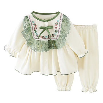 2 Pieces Set Baby Kid Girls Flower Bow Embroidered Tops And Pants