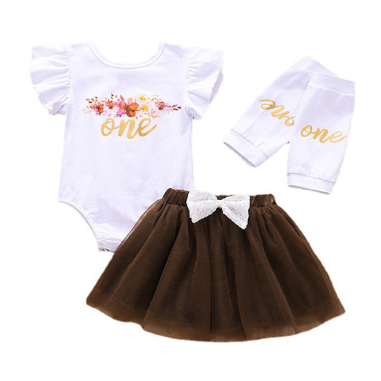 3 Pieces Set Baby Girls Letters Flower Print Rompers Bow Skirts And Others accessories