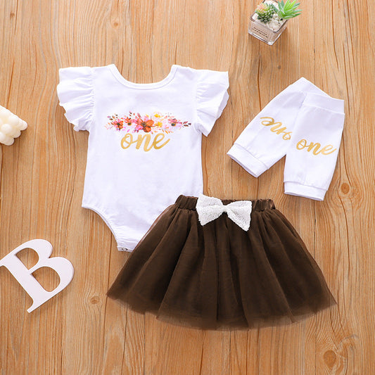 3 Pieces Set Baby Girls Letters Flower Print Rompers Bow Skirts And Others accessories