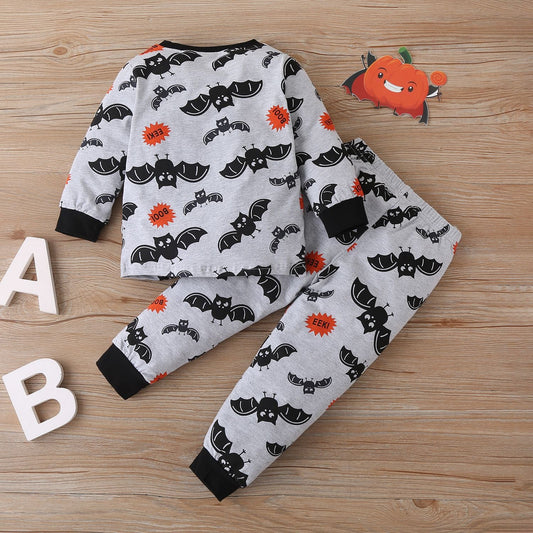 2 Pieces Set Baby Kid Boys Halloween Letters Cartoon Print Tops And Pants