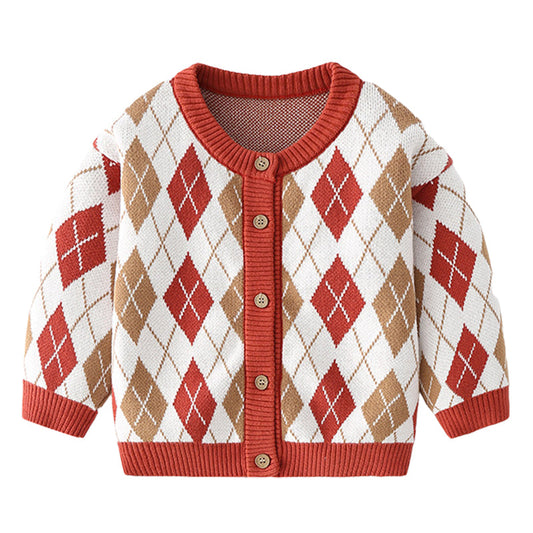 Baby Kid Unisex Checked Cartoon Crochet Cardigan