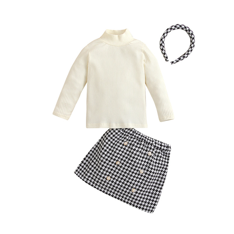 3 Pieces Set Baby Kid Girls Solid Color Sweaters And Checked Skirts And Headwear