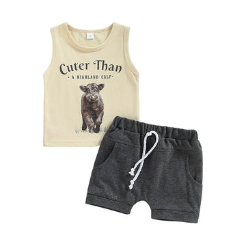 2 Pieces Set Baby Kid Boys Letters Animals Tank Tops And Solid Color Shorts