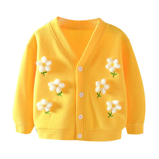 Baby Kid Girls Solid Color Plant Print Cardigan