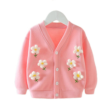 Baby Kid Girls Solid Color Plant Print Cardigan