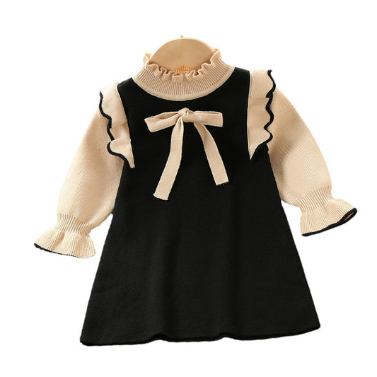 Baby Kid Girls Solid Color Bow Knitwear Dresses