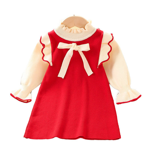 Baby Kid Girls Solid Color Bow Knitwear Dresses