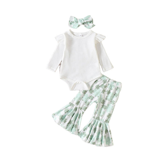 3 Pieces Set Baby Girls St Patrick's Day Solid Color Rompers And Plant Print Pants And Bow Headwear