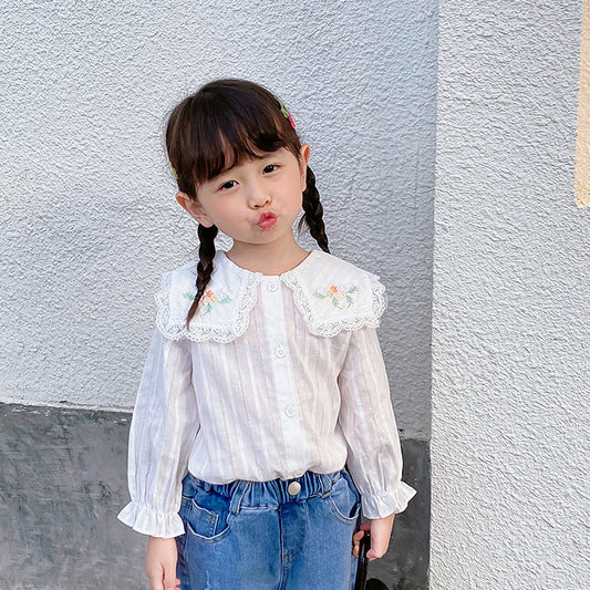 Baby Kid Girls Flower Embroidered Shirts