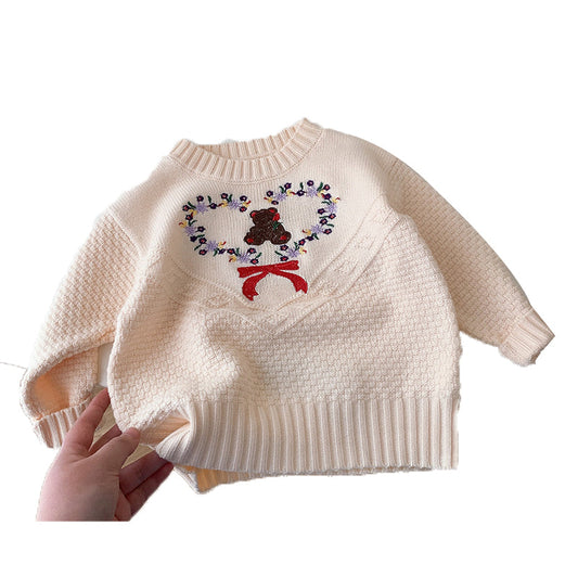 Baby Kid Girls Flower Cartoon Embroidered Sweaters