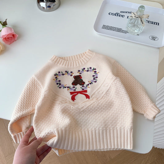 Baby Kid Girls Flower Cartoon Embroidered Sweaters