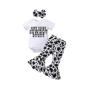 3 Pieces Set Baby Girls Letters Rompers Cow Pants And Headwear