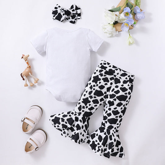 3 Pieces Set Baby Girls Letters Rompers Cow Pants And Headwear