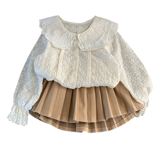 Baby Kid Girls Lace Embroidered Shirts And Solid Color Skirts