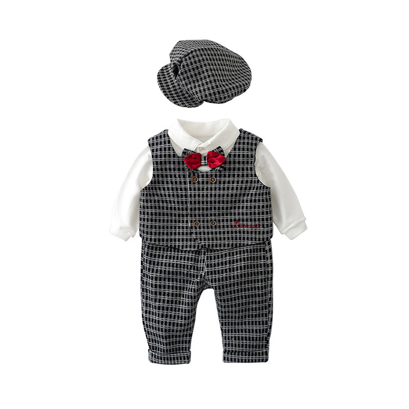 4 Pieces Set Baby Kid Boys Birthday Party Solid Color Checked Shirts Bow Vests Waistcoats Pants And Hats