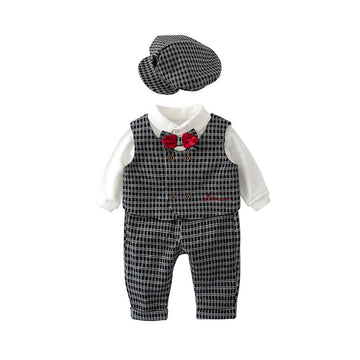 4 Pieces Set Baby Kid Boys Birthday Party Solid Color Checked Shirts Bow Vests Waistcoats Pants And Hats