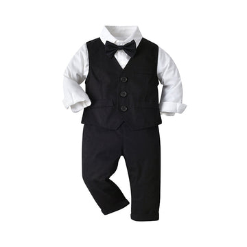 3 Pieces Set Baby Kid Boys Birthday Party Solid Color Bow Shirts Vests Waistcoats And Jumpsuits