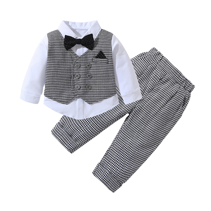 2 Pieces Set Baby Kid Boys Dressy Striped Checked Bow Shirts And Pants Suits