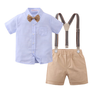 2 Pieces Set Baby Kid Boys Birthday Party Bow Shirts And Color-blocking Rompers