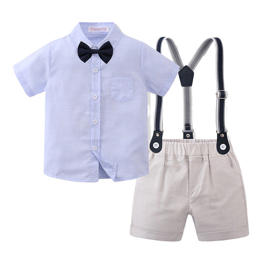 2 Pieces Set Baby Kid Boys Birthday Party Bow Shirts And Color-blocking Rompers