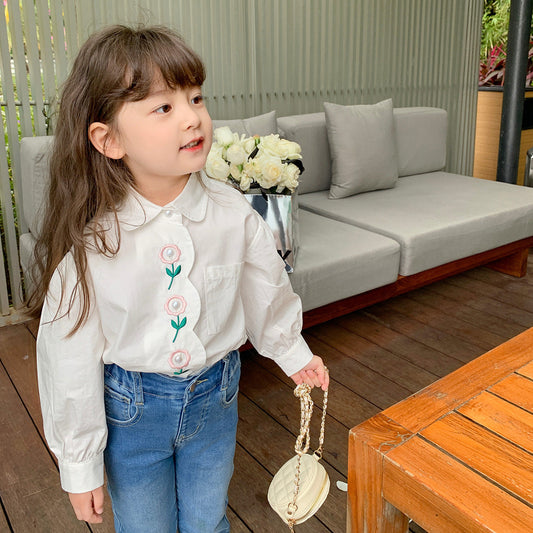 Baby Kid Big Kid Girls Flower Embroidered Blouses