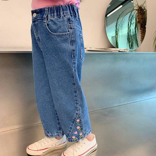 Baby Kid Big Kid Girls Flower Embroidered Jeans