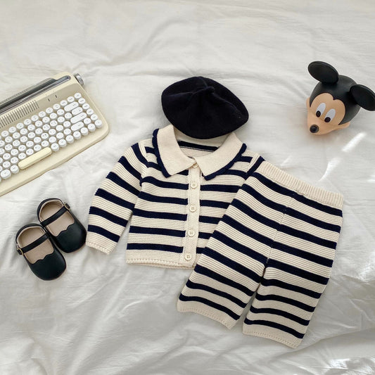 Fashion Baby Kid Unisex Striped Cardigan And Pants