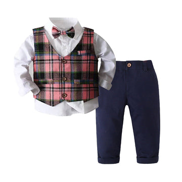 3 Pieces Set Baby Kid Boys Birthday Party Bow Shirts Checked Vests Waistcoats And Pants