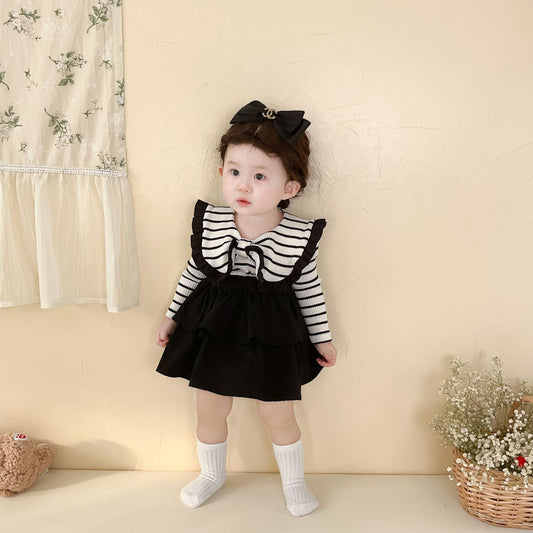 Baby Kid Girls Striped Bow Rompers And Tops And Solid Color Skirts