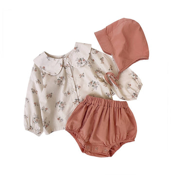 3 Pieces Set Baby Girls Flower Print Tops Solid Color Shorts And Hats