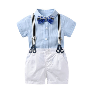 2 Pieces Set Baby Kid Boys Birthday Bow Shirts And Checked Rompers