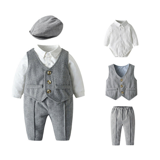 4 Pieces Set Baby Boys Birthday Party Solid Color Rompers Vests Waistcoats Pants And Hats